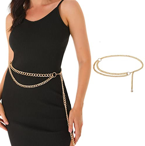 FAN&LOUIS Gold Waist Chain Belt for Women Dresses Jeans Plus Size Cute Ladies Metal Gold Plated Body Chain Belt Link Dangling Cinturones De Mujer Para Vestidos L XL 2XL