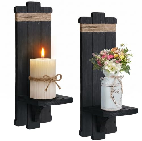 Farmhouse Wall Decor Candle Sconces - 2 Pcs Rustic Gothic Handmade Wooden Wall-Mount Candle Holders for Bedroom Living Room Bathroom Home Hanging Art Decorations Accessories Gifts, Black