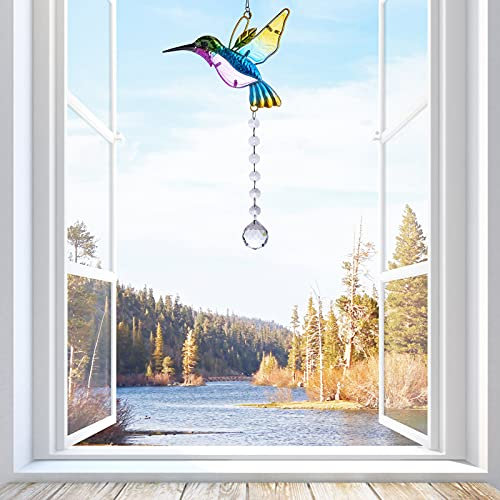 SUHANIOP Crystal Suncatcher Hummingbird, Stained Glass Window Hanging Rainbow Maker for Indoor Outdoor Home Garden Office Decoration, Gifts for Women Girls Bird Lovers