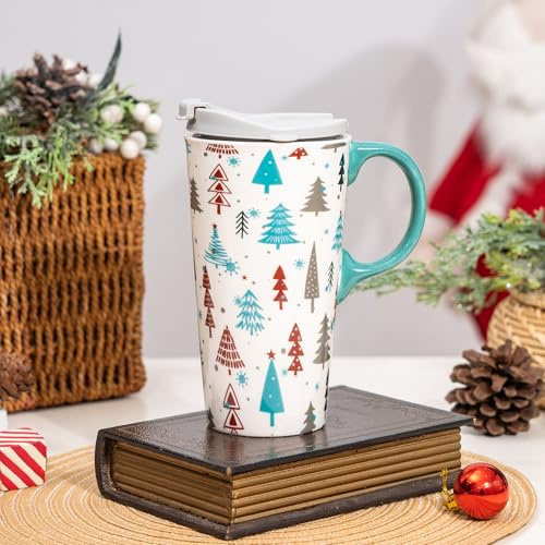 DUSVALLY Coffee Mug Coffee Cups Ceramic Mug with Box 17oz Large Mug Ceramic Tea Cup with Handle and lid,17oz,Christmas Tree