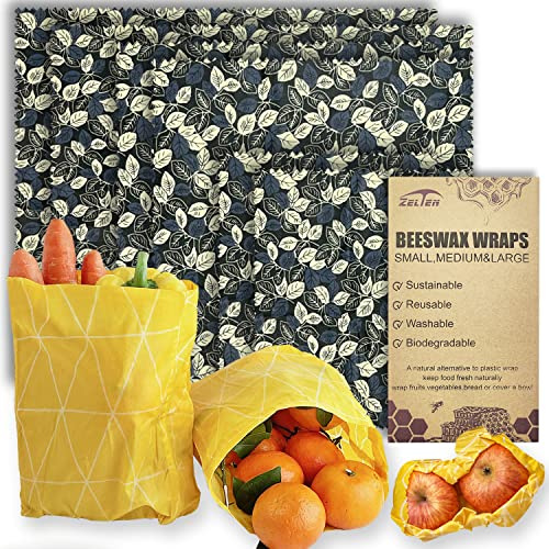 Bienenwachs Wiederverwendbare Lebensmittelverpackungen - (6 Packs, 3 Größen S,M,L, mit 2 Meter Hanfseil, zwei Knöpfe) umweltfreundliche Wrap, Wachspapier für Lebensmittel, Blätter