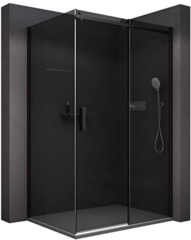 BERNSTEIN Duschkabine mit Schiebetür 140x90 cm Duschabtrennung NT806 FLEX 6mm ESG-Glas Graues Glas Eckdusche Nano beschichtete Duschwand Echtglas-Dusche, Profilfarbe Schwarz matt