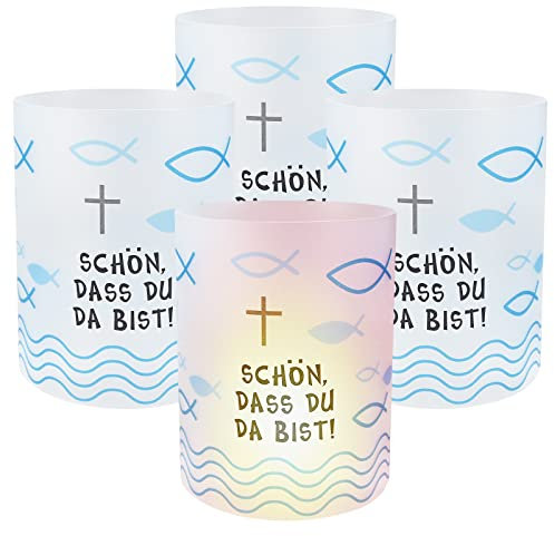 Faburo 12X Windlicht Fisch, Kommunion Deko Mini Tischlichter Kerzen Deko Firmung Deko Tischdeko ca. 8 x 10 cm, Fisch Lichthülle für Junge und Mädchen Kommunion Konfirmation Taufe Teelichter Taufe Deko