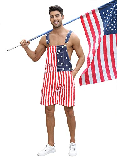 Kidsonny Men's 4th of July Denim Overall Shorts with American Flag