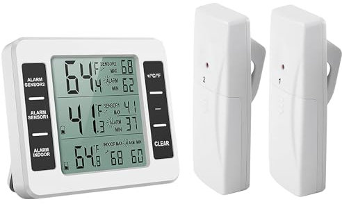 Thermomètre Congélateur sans Fil Thermomètre Numérique de Réfrigérateur avec Alarme Congelateur Thermomètre Frigo Intérieur Extérieur avec 2 Capteurs pour Cuisine et Maison