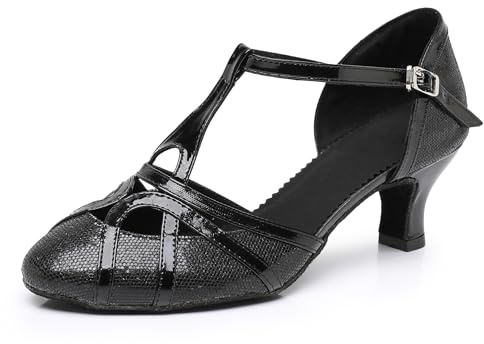 Rosefinch Donne Latino T-Strap Scarpe da Ballo Punta Chiusa Moda Salsa Tango Cha-Cha Sala da Ballo Performence Scarpe da Ballo Festa di Cerimonia Nuziale, Nero 5cm Tacco 39 EU