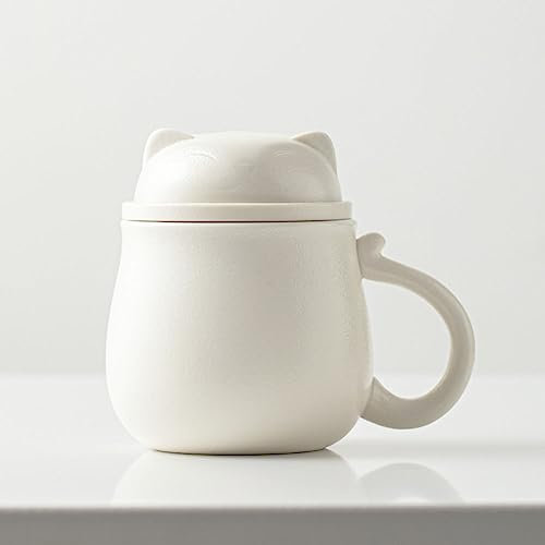 XIUWOUG Ceramic Tea Mug with Infuser and Lid, Cute Cat Tea Cup with Filter for Steeping Loose Leaf, Novelty Morning Cup Tea Milk Coffee Mug,Chinese Handmade Porcelain Teacup for Home Office,White A