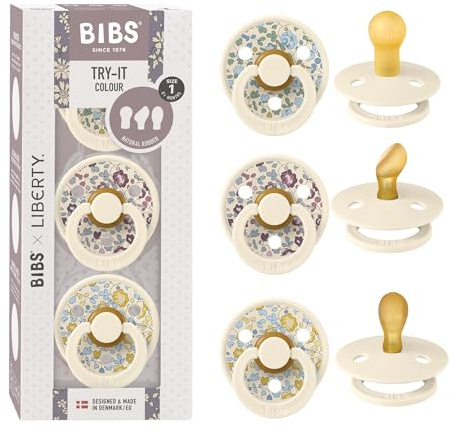 BIBS x Liberty Try-it Schnuller, 0-6 Monate, 3er-Pack, Eloise | Verschiedene Saugerformen | Naturkautschuklatex | Größe 1 | BPA-frei | Hergestellt in Dänemark | Hohe Akzeptanz | Luftlöcher