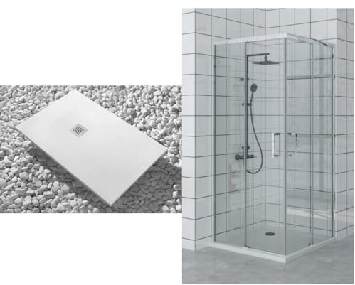 Piatto Doccia 70X120 cm Extra Slim Bianco + Box doccia 70x120 cm Alto 200 cm Con Apertura Ad Angolo