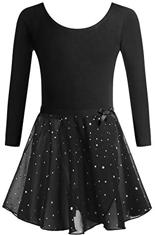 Arshiner Ropa de Ballet para Niña, Maillot de Manga Larga, Traje de Baile, Body de Algodón Con Falda de Gasa, Tutú Negro 140