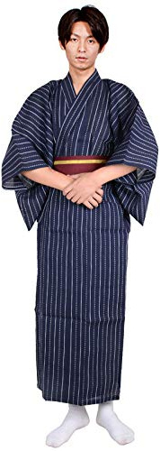 Herr japansk traditionell kimono rock bred ärm spahus badrock yukata nattkläder med obi bälte set, 24# Marinblå, one size