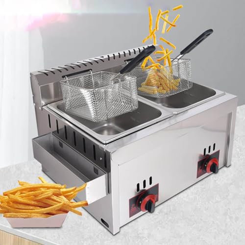 XDLYWUZIQ Friteuse à Gaz Professionnelle, Friteuse 10lx2 avec Thermostat De Sécurité pour Friteuse à Double Couvercle, Idéale pour Les Frites Commerciales dans Les Restaurants Familiaux