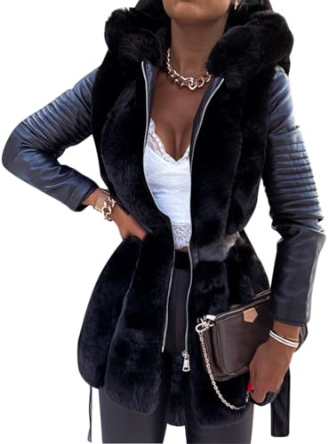 ORANDESIGNE Giacca da Donna in Finta Pelle con Colletto in Pelliccia Sintetica e Cintura Linea ad A Cappotti Invernali a Maniche Lunghe Alla Moda Cappotti Invernali Caldi E Nero XL