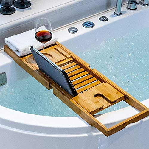 OHMG Plateau De Baignoire Extensible,Planche De Baignoire en Bambou,Support de Baignoire,Plateau De Salle De Bain Réglable pour Baignoire,Tablette De Baignoire Extensible