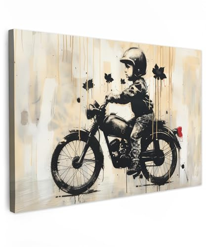 MuchoWow© Impressions sur Toile Deco Tableau Murale Decoration Salon | 60x40 cm - Peinture Tableaux Chambre Toiles Maison Vintage - Street art - Moto - Garçon - Graffiti - Noir - Banksy