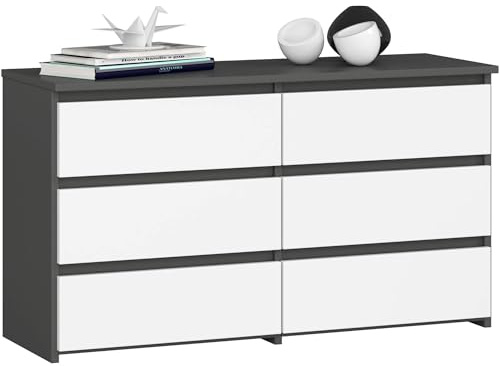 AKORD | Kommode CL-100 mit 6 Schubladen | Komodenschrank | Funktional | Für Wohnzimmer | Für Schlafzimmer | Langlebig | Rollenführung | ABS-Kante 35x100x57cm | Graphitgrau + Weiß Front