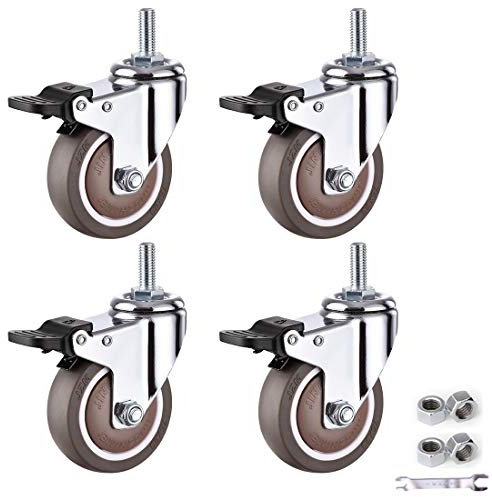 Lenkrollen, Schwenkräder für Möbel, M10 x 25 mm Gewindestift, bewegliche Räder, kleine Räder, Trolley-Räder mit TPE-Gummi, schwere Lasten, 4 Stück/Bremse/63 mm/2,5 Zoll