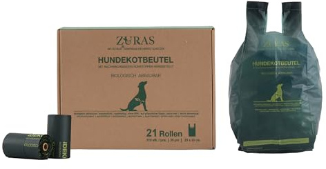 ZURAS® 315 sacchetti cani biodegradabili con manici, 21 rotoli