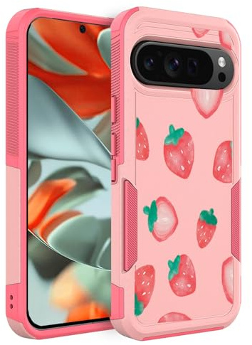 Ftonglogy for Google Pixel 9 Pro XL 5G Case: Cute Flowers Floral Design for Girls Women Slim Soft TPU Bumper Shockproof Silicone Cell Phone Cover 9pro XL 2024 (Pink Strawberry)