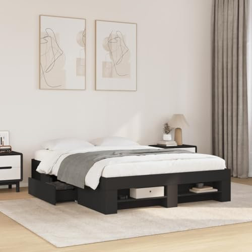 vidaXL Bed Frame - Black, Engineered Wood, 120x190cm, Small Double with Drawers & Open Storage, Plywood Slatted Base, Bedroom Furniture