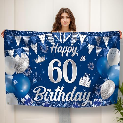 Koliphy 60. Geburtstag Banner, 60 Geburtstagsbanner Deko für Männer & Frauen, Handgehalten Stoff 60. Geburtstagsdeko Party Dekoration für Drinnen und Draußen(Blau Silber)