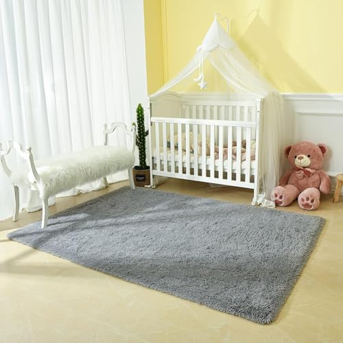 HOKXUAN Shaggy Hochflor Teppich Läufer Flur 100 x 150 cm Kurzflor rutschfest Flauschig Teppich Prime Shaggy Hochflor Einfarbig Modernes Einfarbiges Design für Schlafzimmer Kinderzimmer, Hellgrau