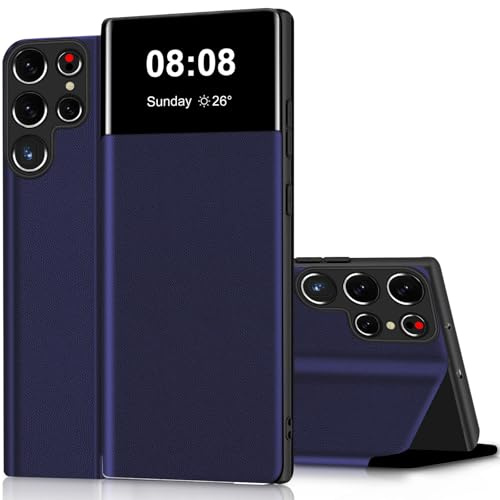 Wallet Case für Samsung Galaxy S23 Ultra Hülle Clear View Handyhülle für Samsung S23 Ultra Klapphülle Flip Cover mit Ständer Stoßfest Kratzfest Leder Schutzhülle Kartenfach Handytasche 5G (Blau)