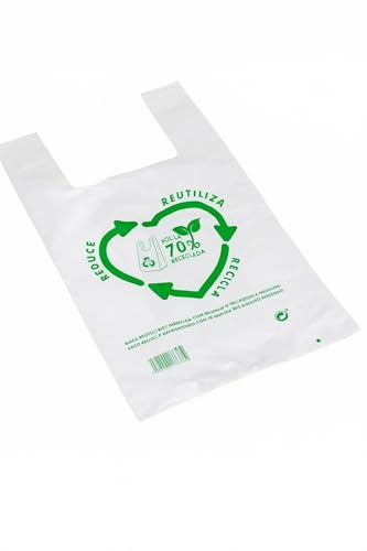 Sac plastique. Anse en plastique. Sacs T-shirt 50 microns 70% recyclés BLANC. Sac avec poignées. PACK 50 unités de sacs. Haute résistance. Biodegradable (Blanco, 30x40cms)