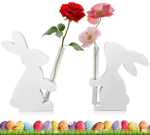 2 Sets Osterdeko Hase Hydrokultur-Vase,Hasen Blumenvase,Ostern reagenzglas vase,Osterhasen-Dekoration,für Hydrokultur Pflanzen, osterdeko Holz,Tisch Hause Büro Wohnzimmer Küche Deko