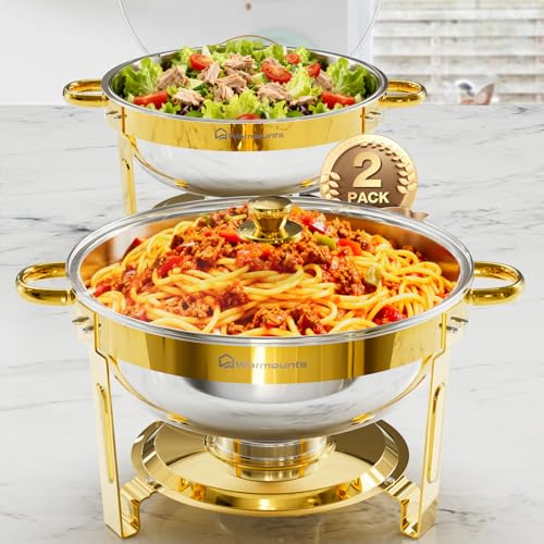 WARMOUNTS Gold Chafing Dish Buffet with Glass Lid 5L Set 2 Pack, Round Food Warmer for Catering Buffet with Lid Holder, Stackable Mirror-Polished Rolled-Rim Food-Grade Stainless Steel Chafer for Party