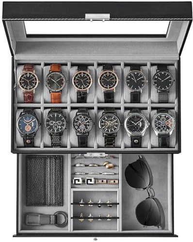 YAOJUCYE 12 Slots Watch Box for Men, 2-Tier Watch Display Case with Glass Lid and Lock Premium Leather Gifts for Men Jewelery Box Storage Organiser - Incl. Watch Pillows Velvet Lining