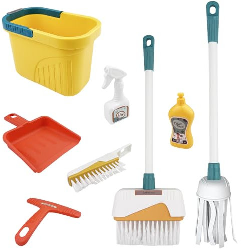 Absyrony Set Pulizia Bambini Giocattolo, Paletta Scopa Gioco, Set Pulizie, 8 Pezzi di Giochi di Ruolo per la casa, Giocattoli per Bambini dai 3 Anni in su, per Uso Interno ed Esterno