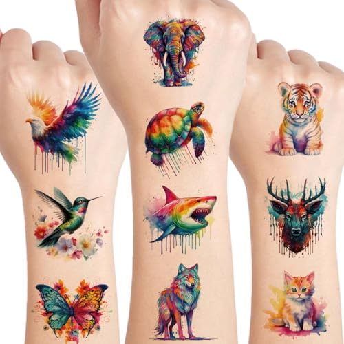 Tattoo Kinder,10 Blätter Tiere Kinder Tattoo Set, Aquarell Tiere Tattoo Aufkleber, Hautfreundliche Tattoos Aufkleber, Temporäre Tattoos für Geschenktüten Kindergeburtstag Mitgebsel