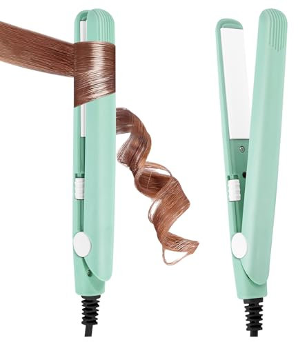 LOPHE Mini Ceramic Plate Hair Straightener, 10s Fast Heating Flat Irons Curling Iron Hair Portable Travel Curling Wand Upgraded Dual-use Hair Curler for Short and All-Hair Types (Green)