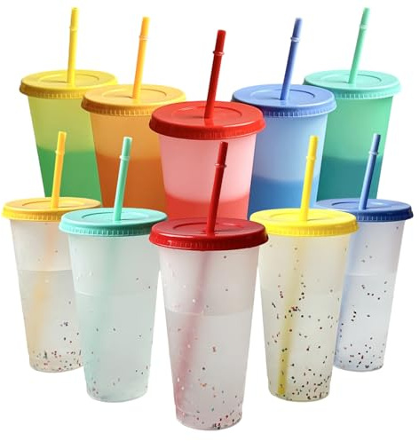 10er Farbwechsel-Isolierbecher 24oz mit Deckel & Strohhalm – Magische Thermotasse für kalte Getränke, inkl. Reinigungsbürste, 5 Farben – Für Eiskaffee, Smoothies & Unterwegs (Kinder & Erwachsene)