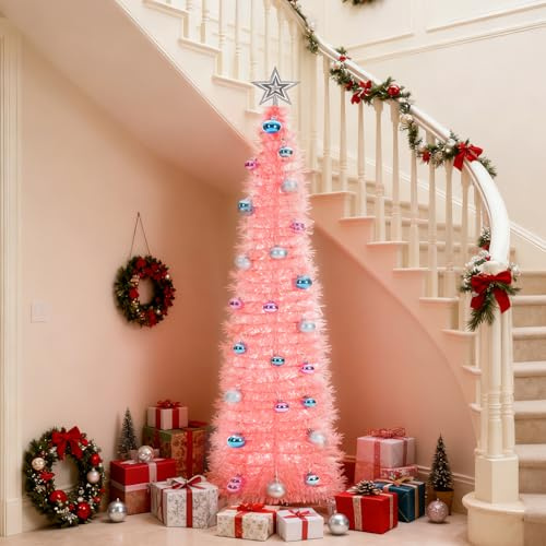 BrilliantJo Árbol de Navidad artificial de 5 pies con luz y bola de estrella, soporte plegable para decoraciones de fiestas de Navidad, exhibición de oficina en casa, 150 cm, rosa