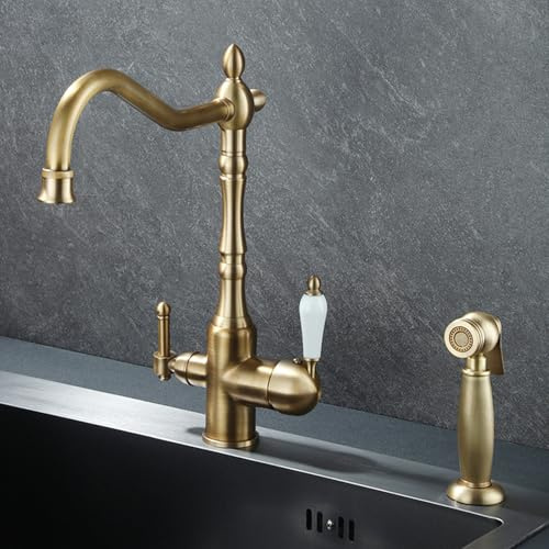 3 Wege Wasserhahn Küche Spülenarmatur mit Teleskopsprühpistole Wasser Kalt und Heiß Messing Schwenkbar-Nachahmung Von Antiquitäten