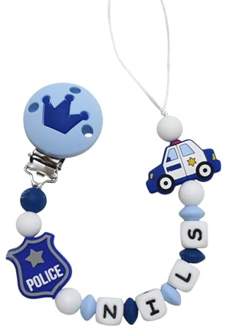 Silikon Schnullerkette mit Namen – Polizei Motiv – Handgemacht & BPA-frei – Personalisierter Schnullerhalter – Babygeschenk zur Geburt (Dunkelblau)
