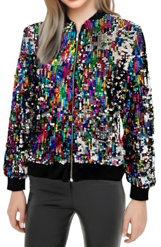 Pailletten Bomberjacke Damen Glitzer Festliches Pailettenjacke 80er Jahre Langarm Reißverschluss Pailletten Mantel Bunt Übergangsjacke Party Club Disco Metallic Jacken Halloween (03-Multicolour, XL)
