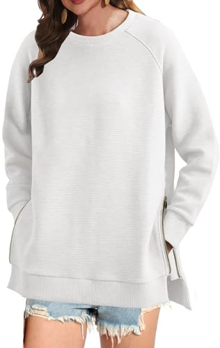 Koerye Sudadera de Gran Tamaño para Mujer Casual Manga Larga Suelto Jersey Tops Cuello Redondo con Cremallera Camiseta Invierno Blanco,L