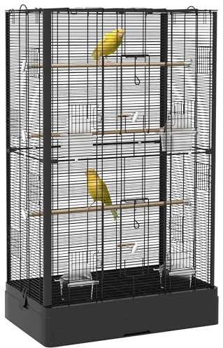 PawHut Gabbia per Uccelli con Posatoi in Legno, Voliera per Canarini e Parrocchetti in Acciaio con 2 Maniglie, Vassoio Rimovibile e Ciotole per Cibo, 61x36.5x98 cm, Nero