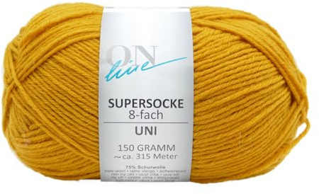 Sockenwolle 8-fädig gelb einfarbig, Online Supersocke 8-fach Uni, dickes Sockengarn zum Stricken und Häkeln (8002 currygelb)