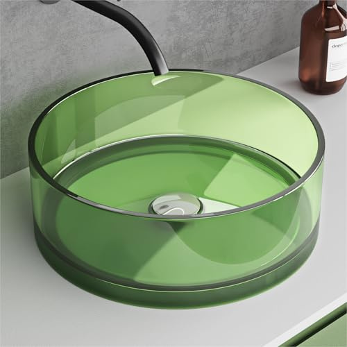 doporro Lavabo Bagno Piccolo da Appoggio Rotondo Ø40 cm, Lavamani da Tavolo | Lavandino per Bagno in Resina Trasparente, Colore Verde Salvia, Formato Compatto, Uso in Bagno e WC Ospiti, Posa Soprapiano