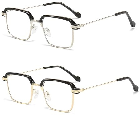2Pcs Blue Light Glasses UV Glare Eye Strain Headache Protection Fashionable Fake Eyeglasses For Mens & Womens Clear Non-Prescription Computer Gaming TV Screen Glasses(Black Gold + Black Silver)