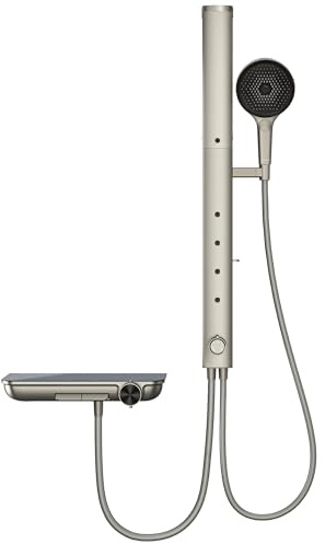 HOROW RainFlexi S2 - Duschpaneel mit Thermostat, Armatur (Kindersicherung) und Klappbaren Kopfbrause, 4 Massage-Modi, Höhenverstellbares Duschsystem, Hitzebeständiger Schlauch, Unterer Auslauf, Grau