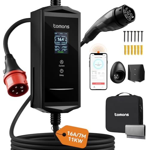 tomons 11 kW vägglåda med app, 7 m, 3-fas 6–16A, CEE typ 2-kabel, 2,4 tum LCD, fördröjd laddning, IP65, bärbar/väggmontering, kompatibel med Tesla Model 3/Y, Volkswagen ID. & IEC 62196-2 Evs