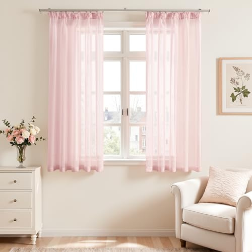Vangao Gardinen mit Kräuselband Voile Küche 2er Set H 160 x B 140 cm Rosa | Stores Vorhänge Kurz Küche für Schienensystem, Kinderzimmer Fenster Schlafzimmer Wohnzimmer, Modern Sheer Curtains Rosa