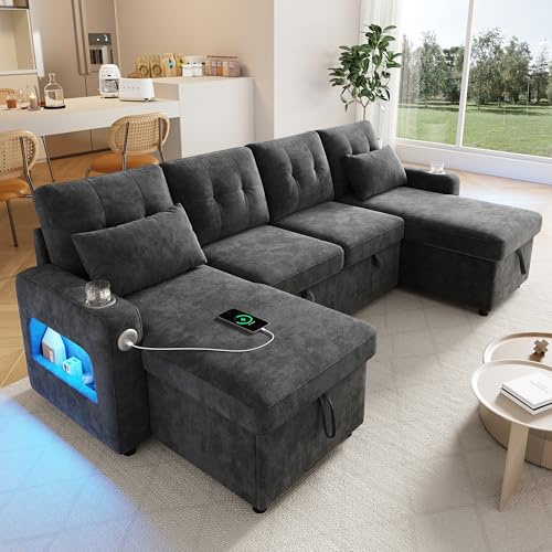 Merax Sofa Ecksofa mit Schlaffunktion und Bettkasten - Ausziehbares Schlafsofa U-Form, Praktisches Schlafcouch mit Stauraum, LED-Beleuchtung, Armlehnen‑Staufächer, USB/Typ-C und Getränkehalter, Grau