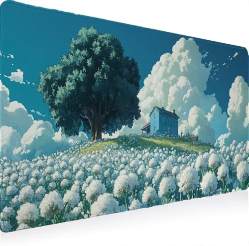 Tapis Souris XXL 700 x 300 Grand Prolongé Tapis Souris, Gamer Bureau Rubber Base Anti Dérapage, Imperméable Mouse Pad, Haute Précision et Vitesse avec Bords Cousus Les Nuages Les Arbres W0G1-1023