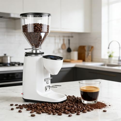 XEEAOFE Moulin à Café Électrique Domestique, Moulin à Meules avec Meules Plates de 60mm, 19 Réglages Réglables, Grande Trémie de 500g et Support Amovible Pratique White